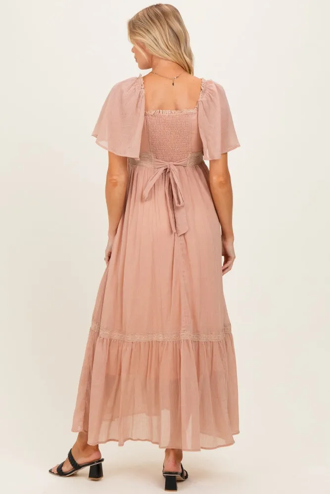 Dusty Pink Lace Accent Flutter Sleeve Maternity Maxi Dress sold by Pinkblush product image thumbnail 3