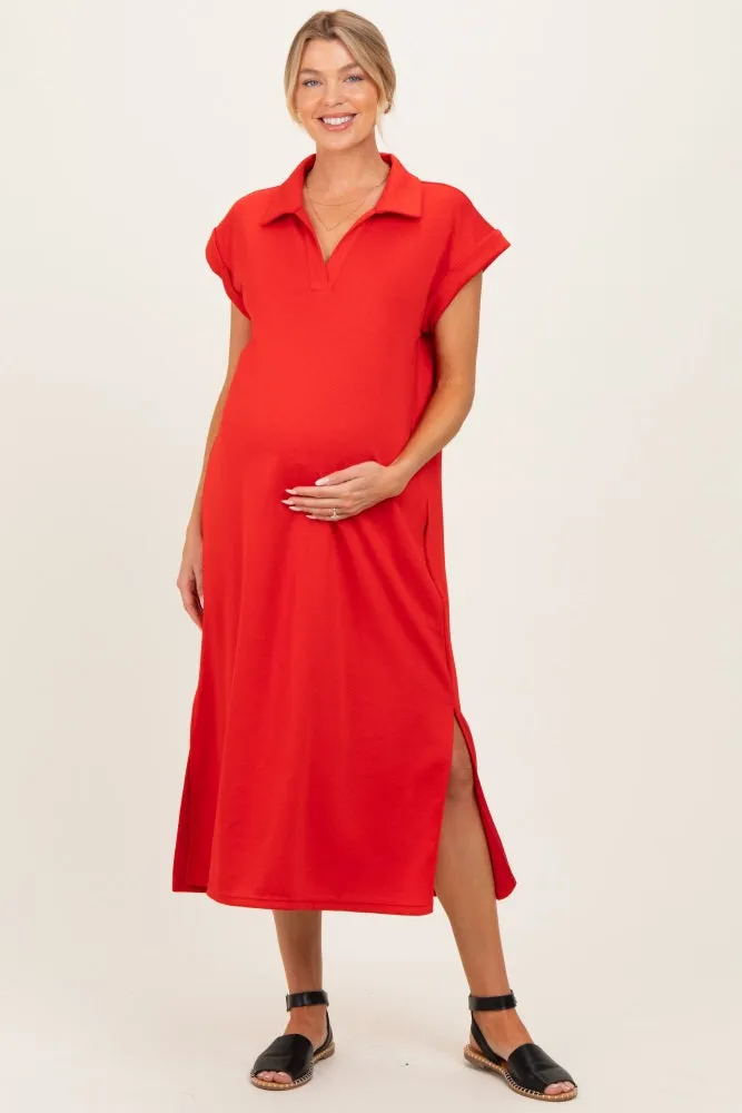 Tomato Red Collared Oversized Maternity Midi Dress sold by Pinkblush