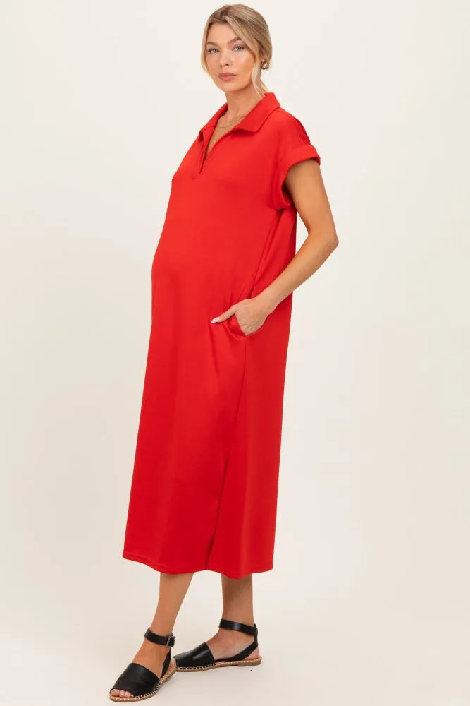 Tomato Red Collared Oversized Maternity Midi Dress sold by Pinkblush product image thumbnail 2
