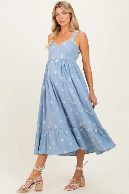 Light Blue Vintage Floral Smocked Maternity Midi Dress made by Endless Blu