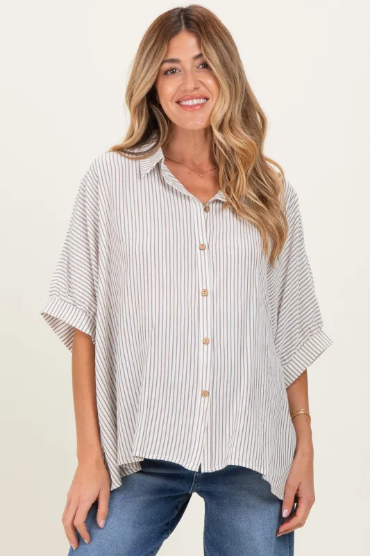 Taupe Striped Boxy Button Down Maternity Top made by Zenana Outfitters