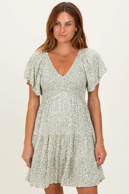 Sage V Neck Smocked Bodice Ditsy Print Dress made by Angie