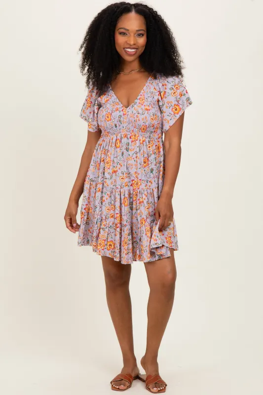 Lavender V Neck Smocked Bodice Floral Print Dress made by Angie