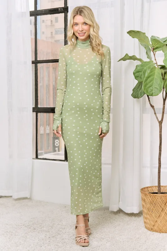 Kiwi Polka Dot Mesh Overlay Midi Dress made by Pinkblush