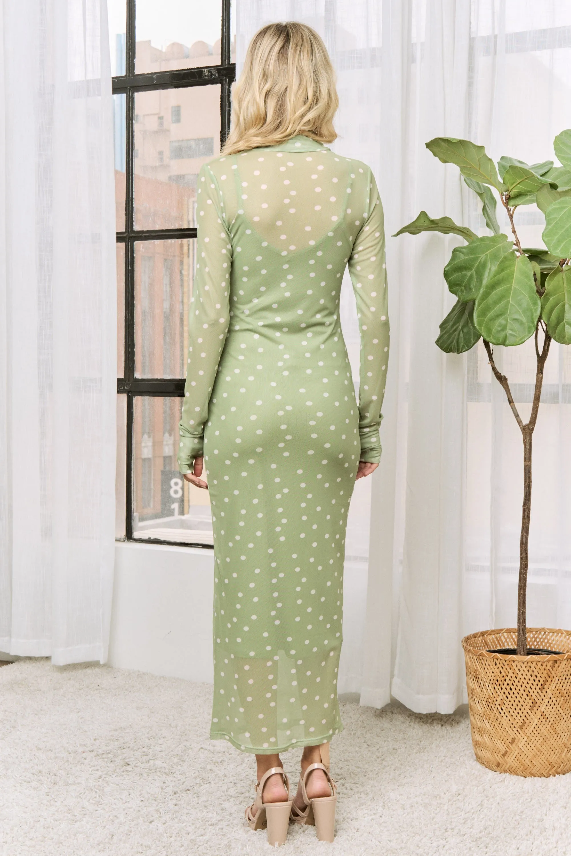 Kiwi Polka Dot Mesh Overlay Midi Dress sold by Pinkblush product image thumbnail 3