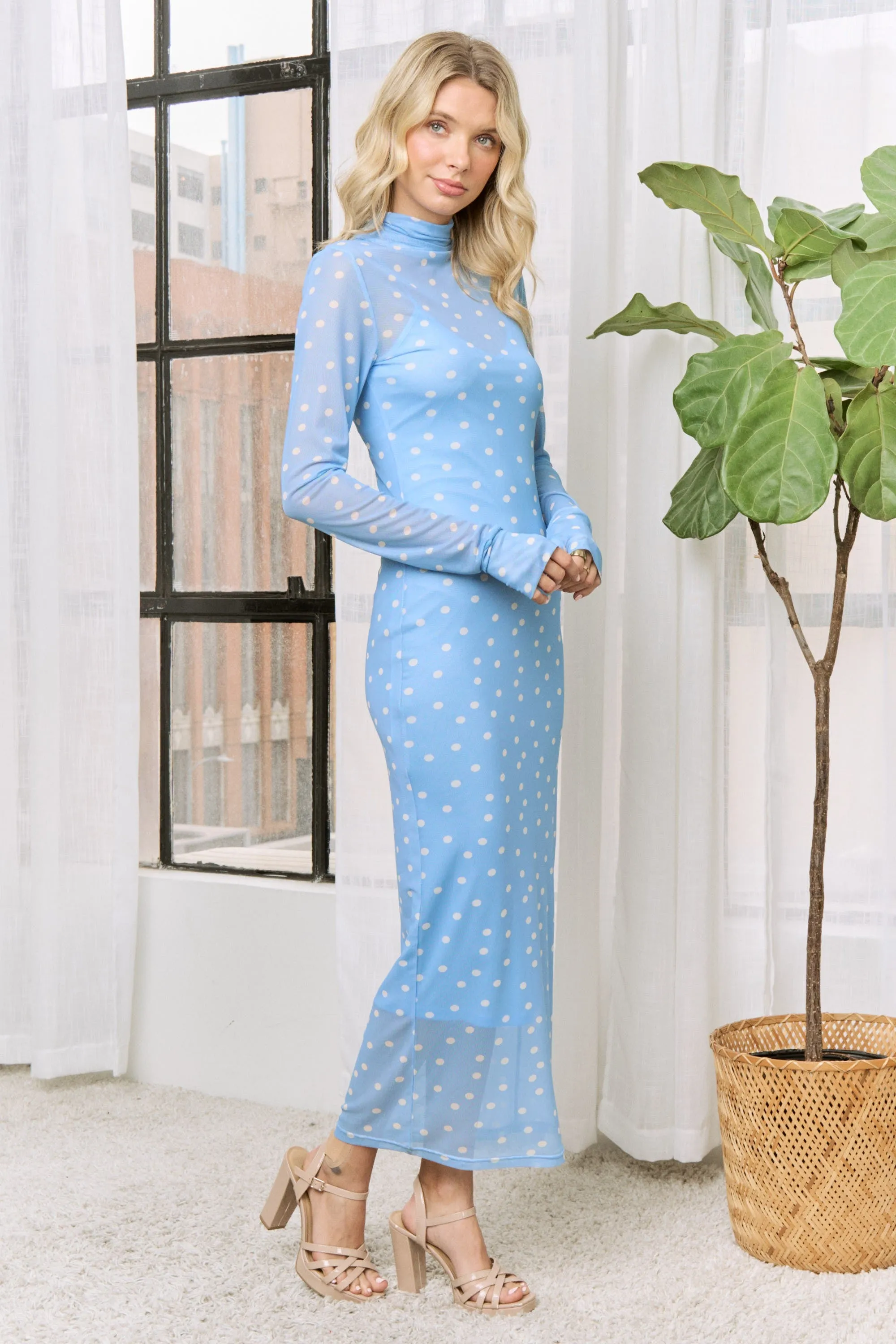 Light Blue Polka Dot Mesh Overlay Midi Dress sold by Pinkblush product image thumbnail 3