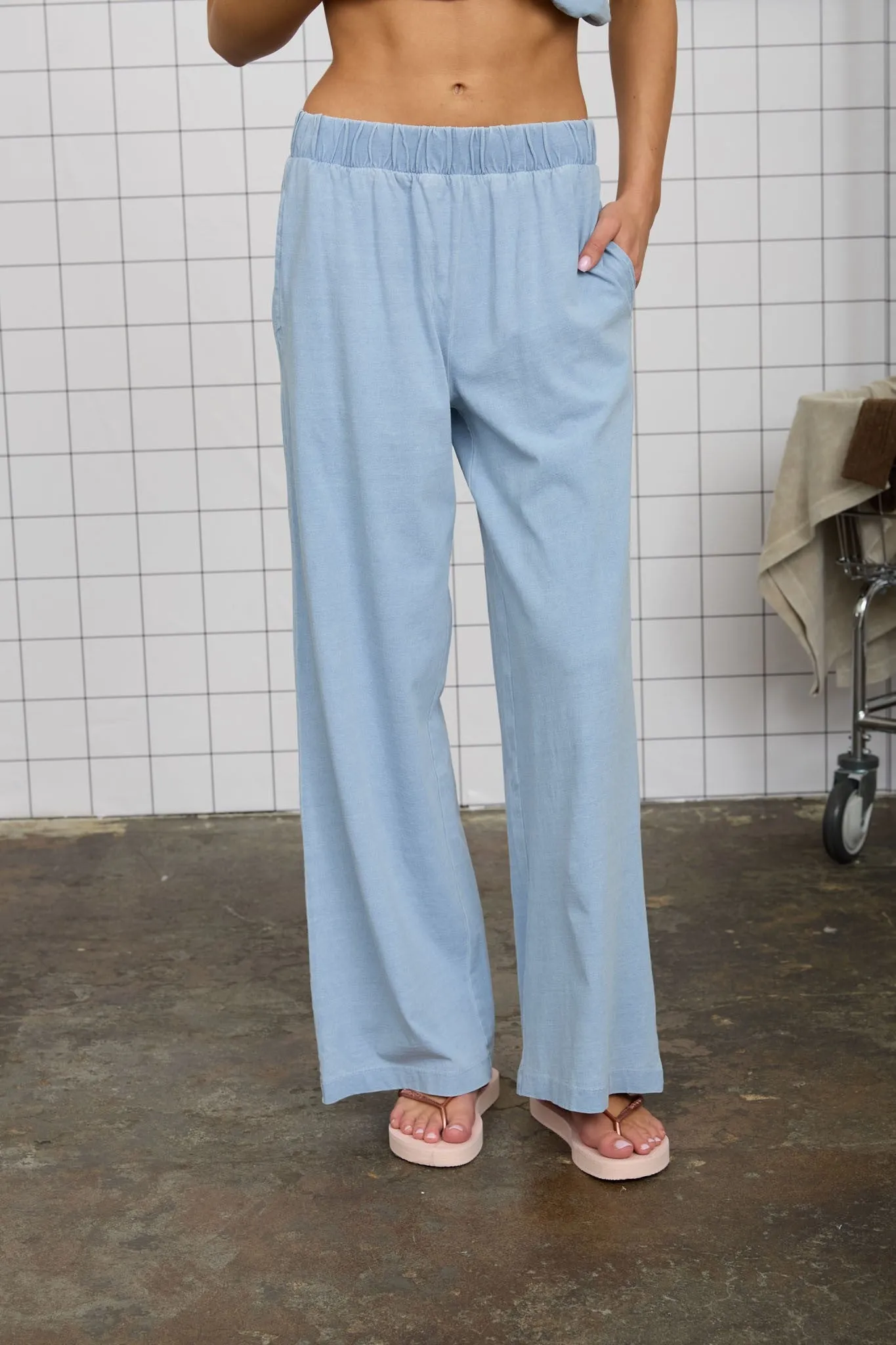 Light Denim Elastic Waist Wide Leg Knit Lounge Pants sold by Pinkblush product image thumbnail 2