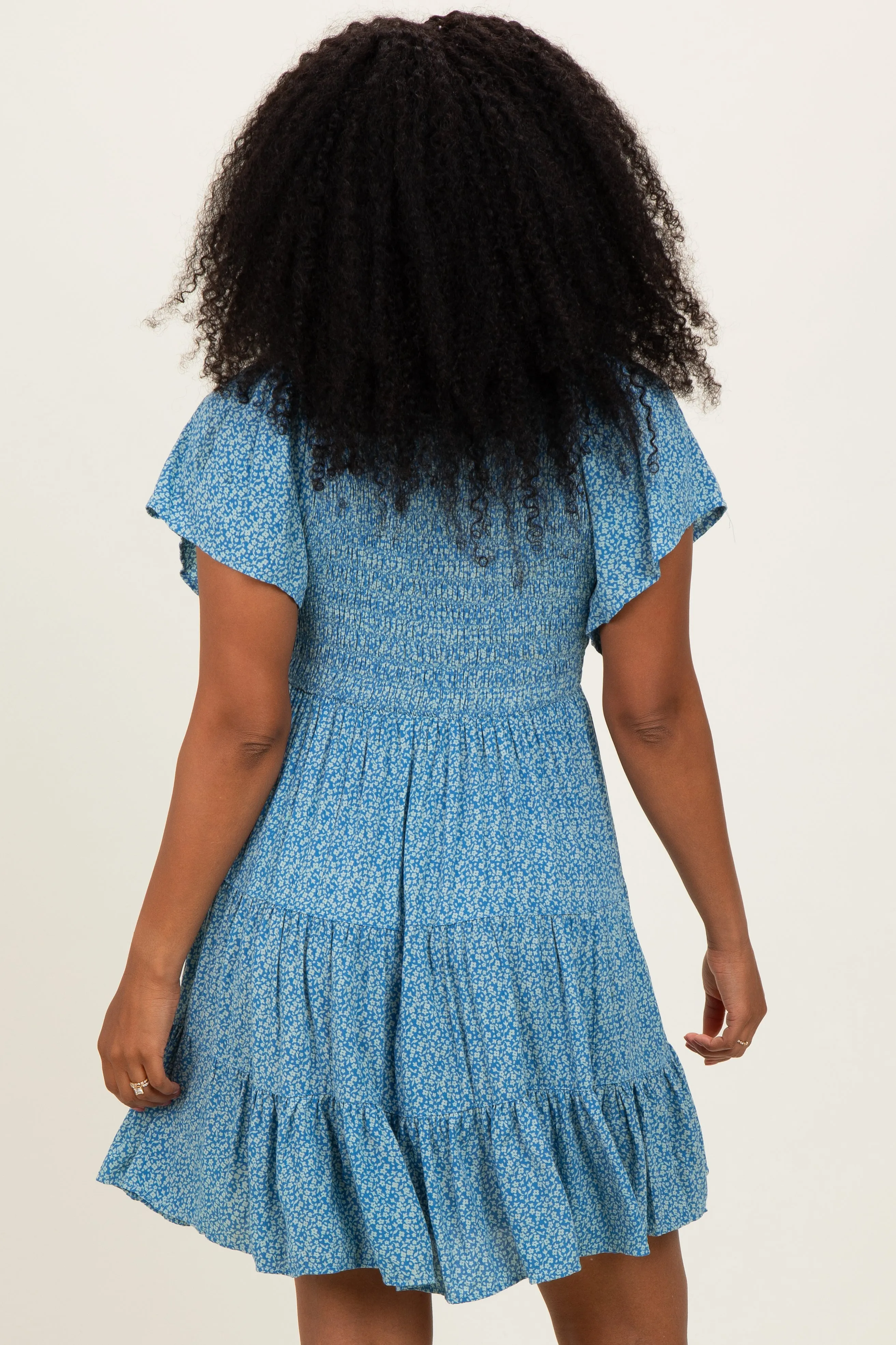 Blue V Neck Smocked Bust Short Sleeve Short Dress sold by Pinkblush product image thumbnail 4