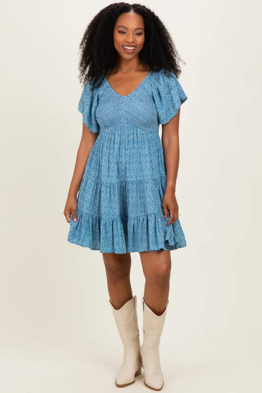 Blue V Neck Smocked Bust Short Sleeve Short Dress made by Angie