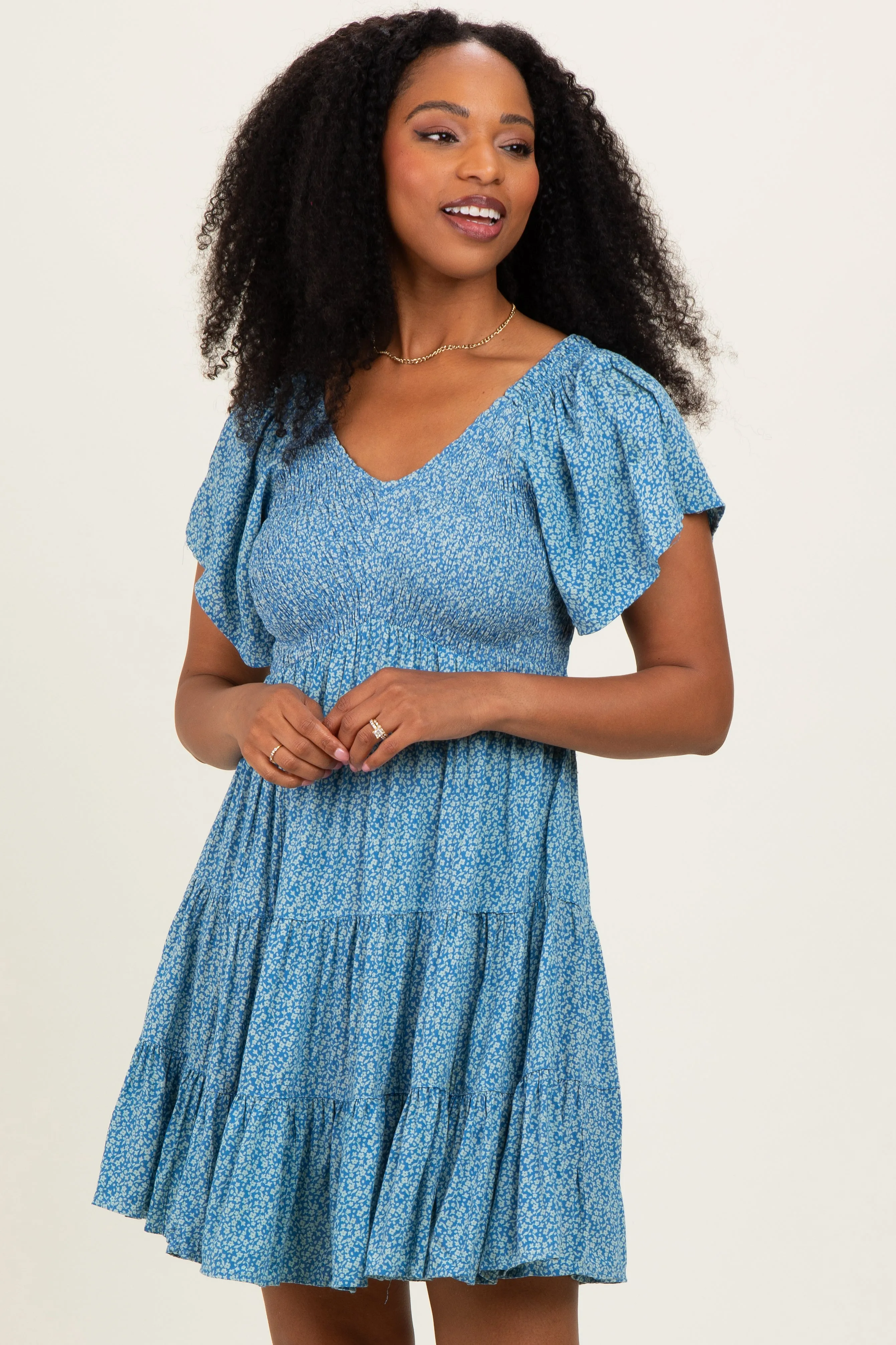 Blue V Neck Smocked Bust Short Sleeve Short Dress sold by Pinkblush product image thumbnail 2