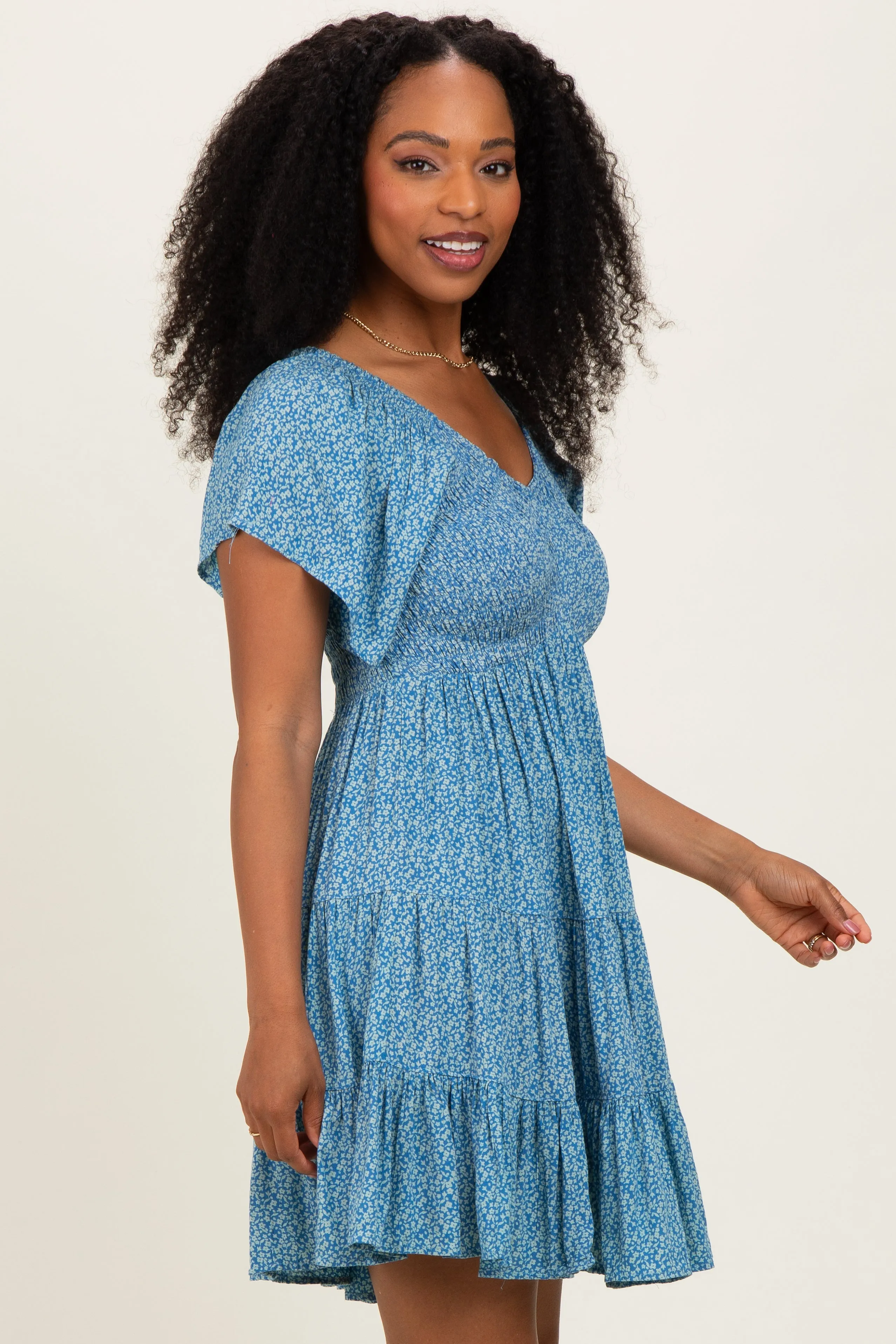 Blue V Neck Smocked Bust Short Sleeve Short Dress sold by Pinkblush product image thumbnail 3