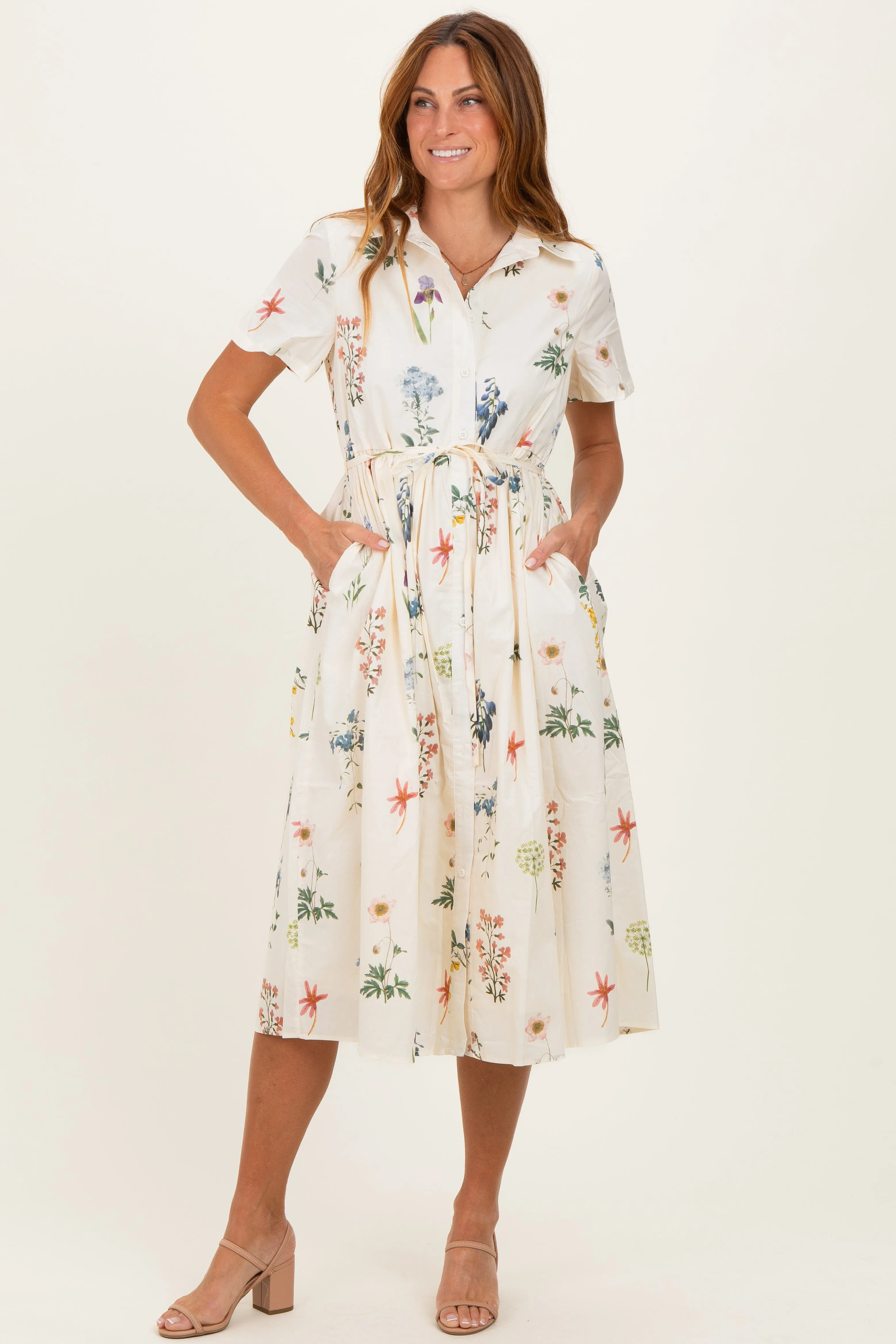 Ivory Floral Button Down Maternity Midi Dress sold by Pinkblush product image thumbnail 5