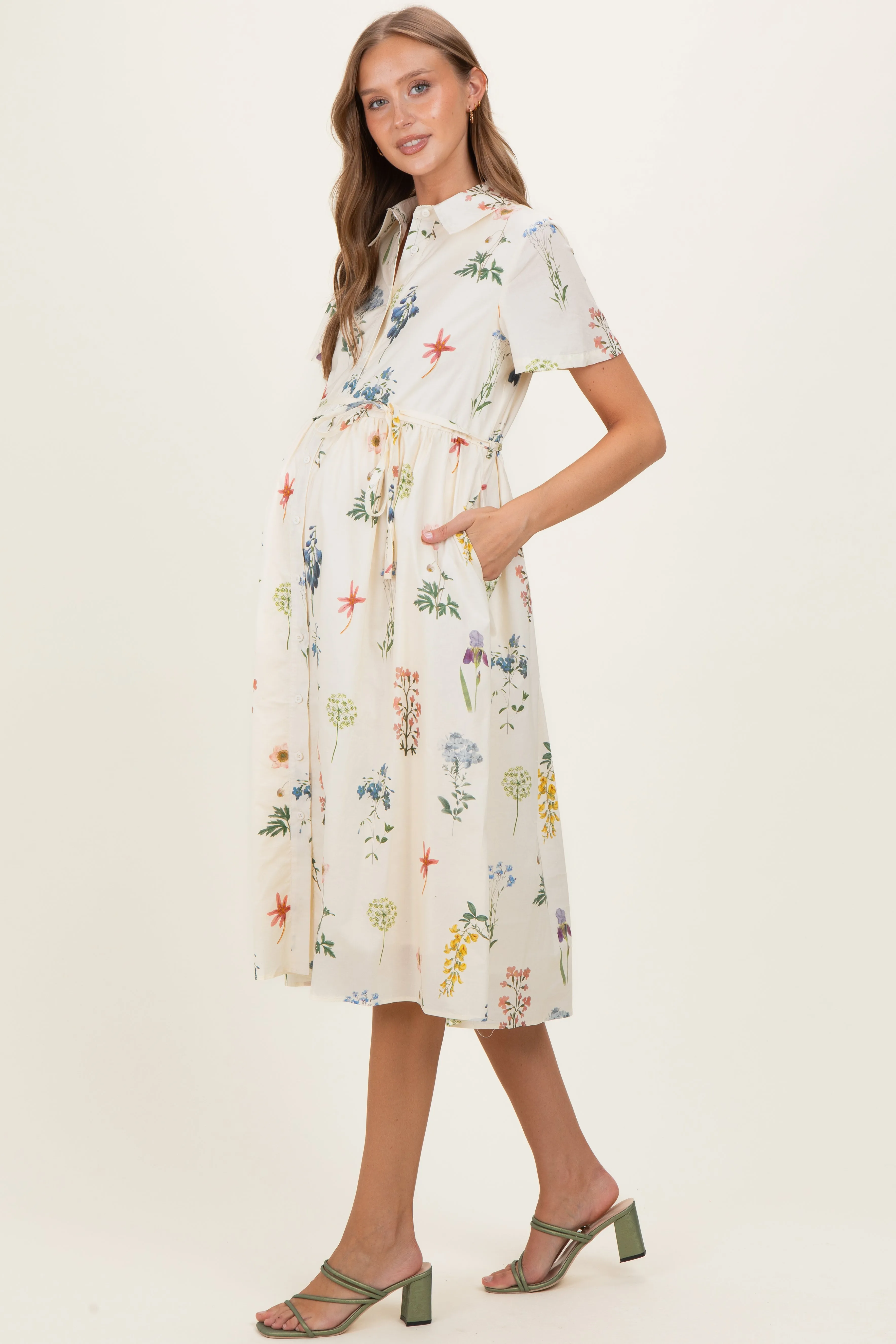 Ivory Floral Button Down Maternity Midi Dress sold by Pinkblush product image thumbnail 3
