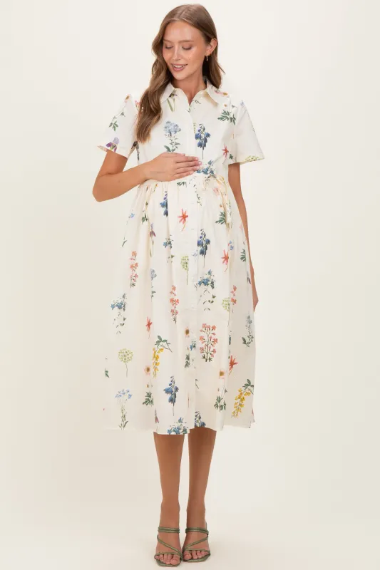 Ivory Floral Button Down Maternity Midi Dress made by tea n rose