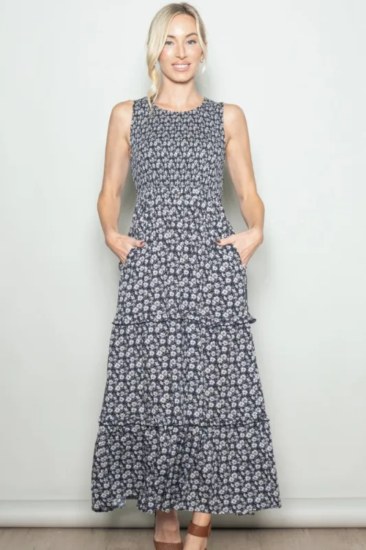Black Floral Smocked Sleeveless Tiered Maxi Dress made by Pinkblush