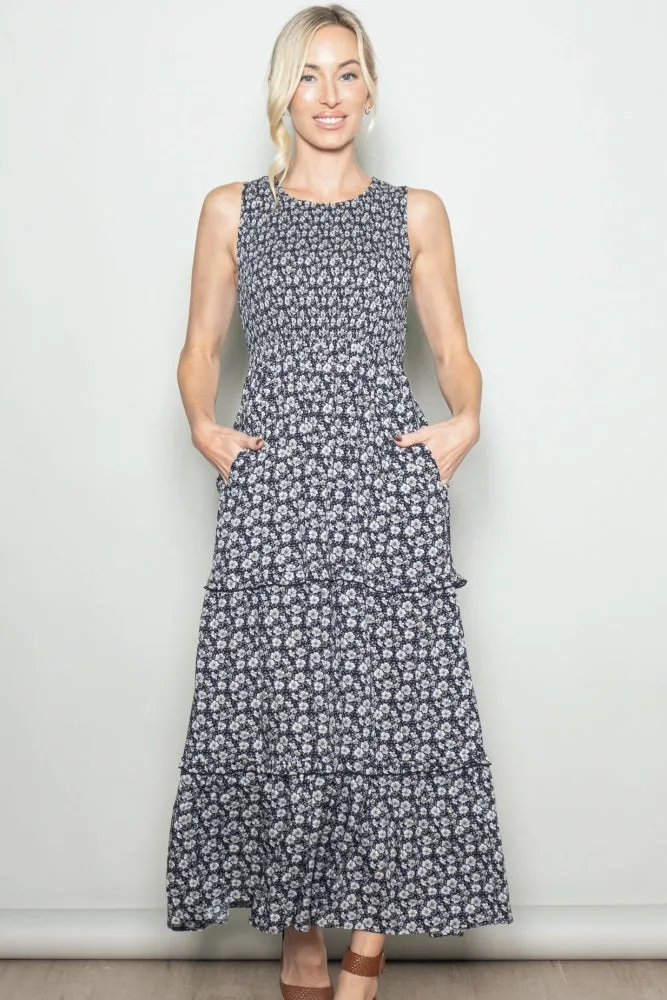 Black Floral Smocked Sleeveless Tiered Maxi Dress sold by Pinkblush