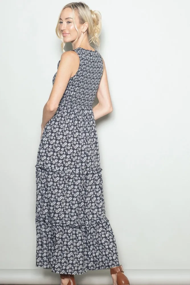Black Floral Smocked Sleeveless Tiered Maxi Dress sold by Pinkblush product image thumbnail 2