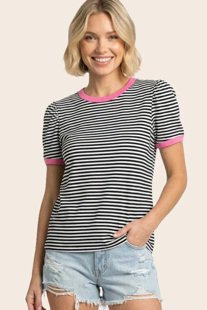 Navy Short Striped Puff Sleeve Top sold by Pinkblush