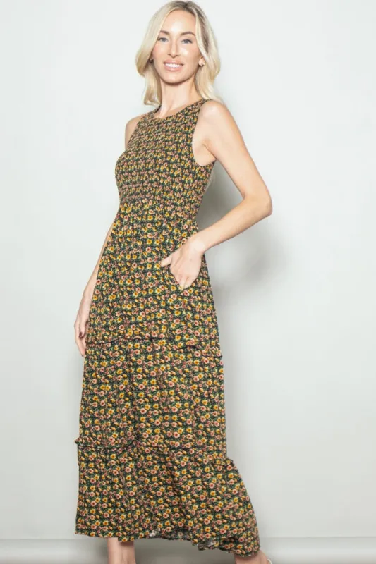 Multicolor Floral Smocked Sleeveless Tiered Maxi Dress made by Pinkblush