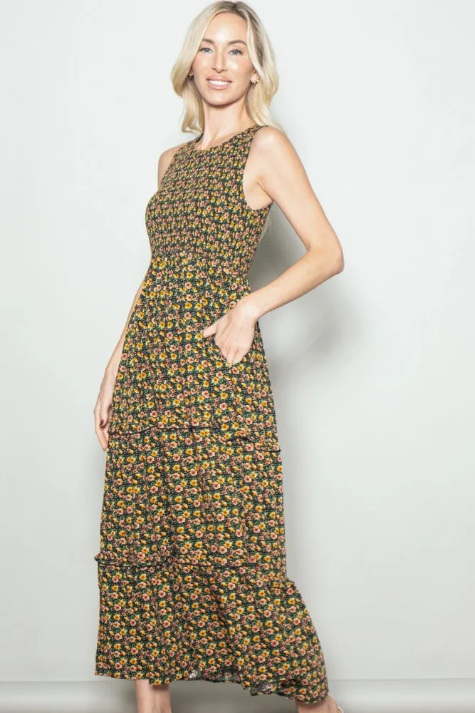 Multicolor Floral Smocked Sleeveless Tiered Maxi Dress sold by Pinkblush