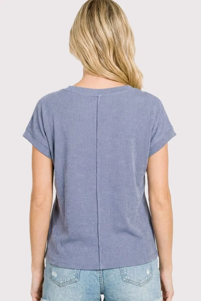Blue Ribbed V-Neck Short Sleeve Top sold by Pinkblush product image thumbnail 3