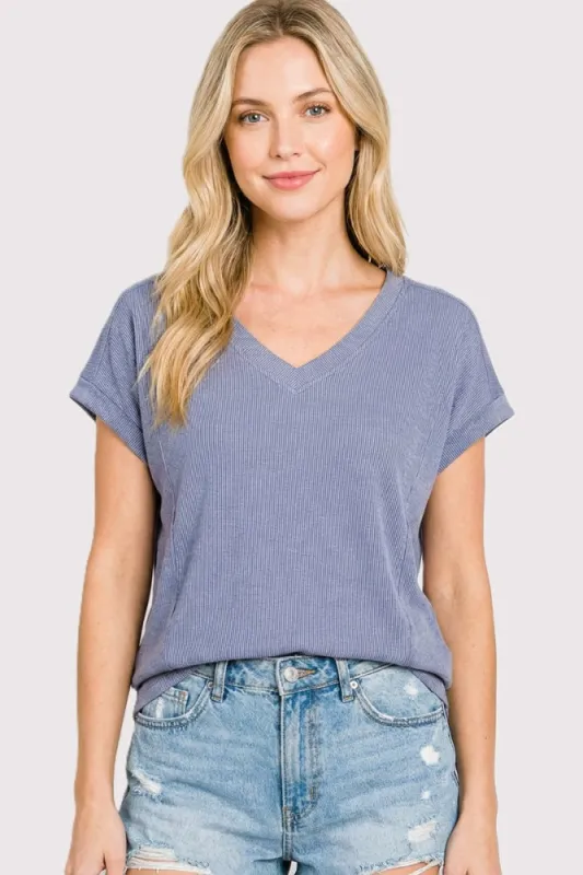 Blue Ribbed V-Neck Short Sleeve Top made by Staccato