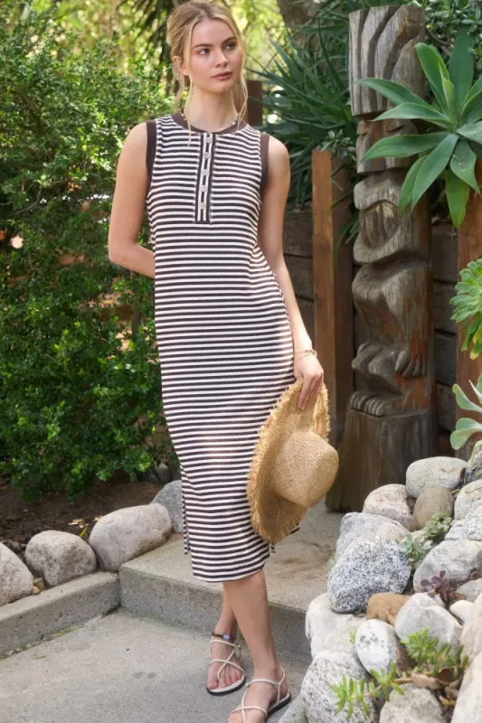 Brown Striped Knit Midi Henley Tank Dress made by Blu Pepper