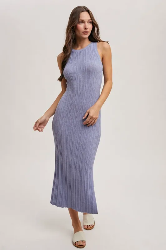 Chambray Blue High Neck Side Slit Midi Dress made by Bluivy