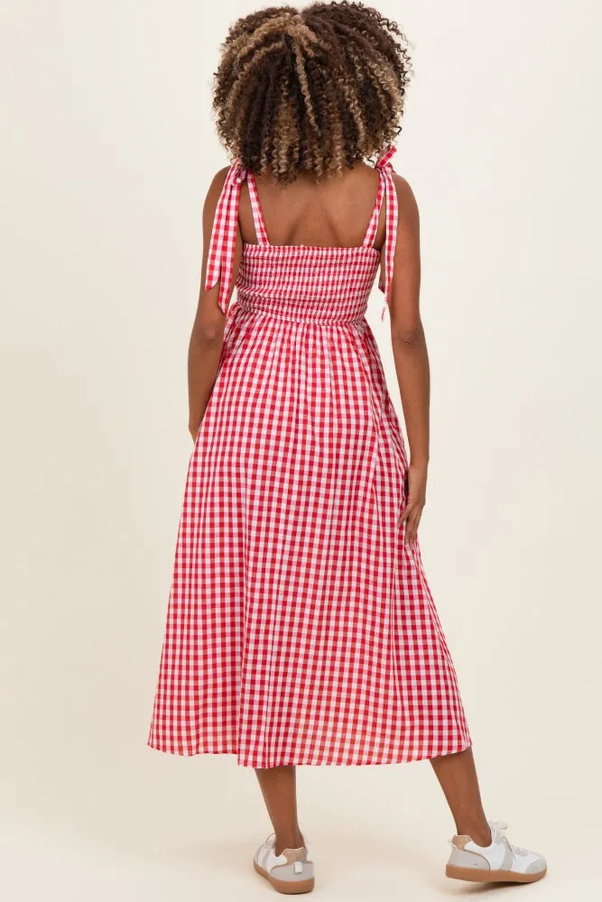 Red Gingham Smocked Shoulder Tie Maternity Midi Dress sold by Pinkblush product image thumbnail 3