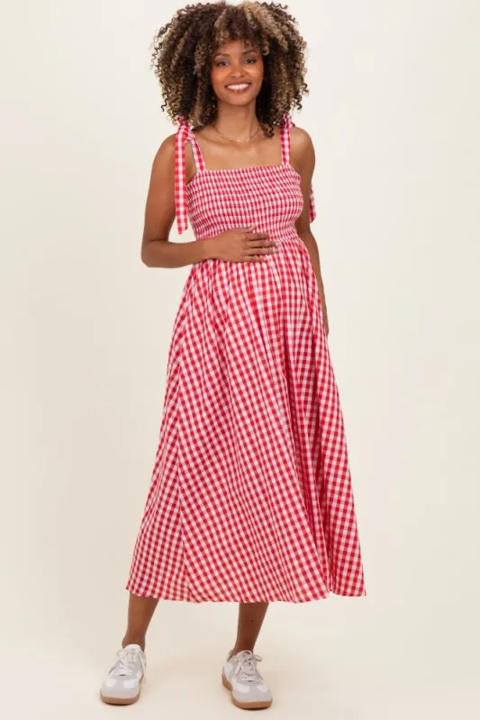 Red Gingham Smocked Shoulder Tie Maternity Midi Dress made by Pinkblush