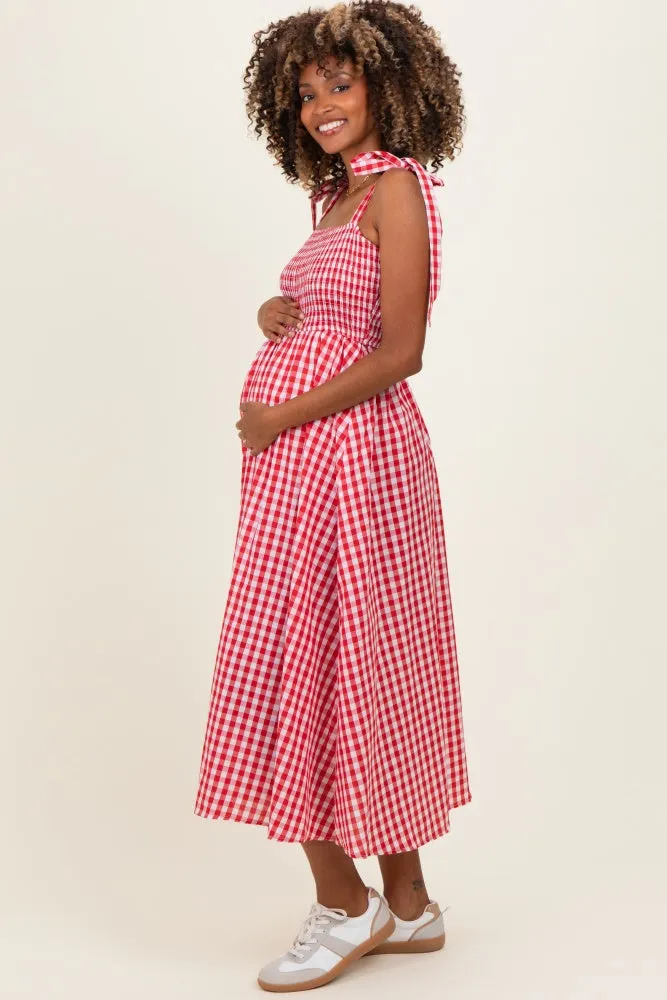 Red Gingham Smocked Shoulder Tie Maternity Midi Dress sold by Pinkblush product image thumbnail 2