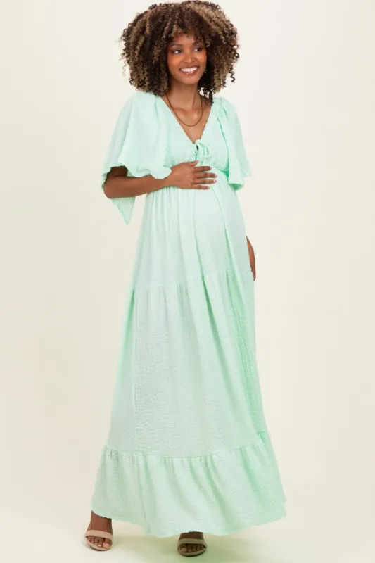 Sage Woven Textured Flutter Sleeve V-Neck Tiered Maternity Maxi Dress made by Pinkblush