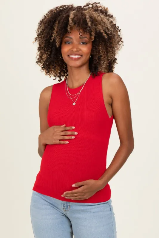 Red Ribbed Knit Maternity Tank Top made by HYFVE