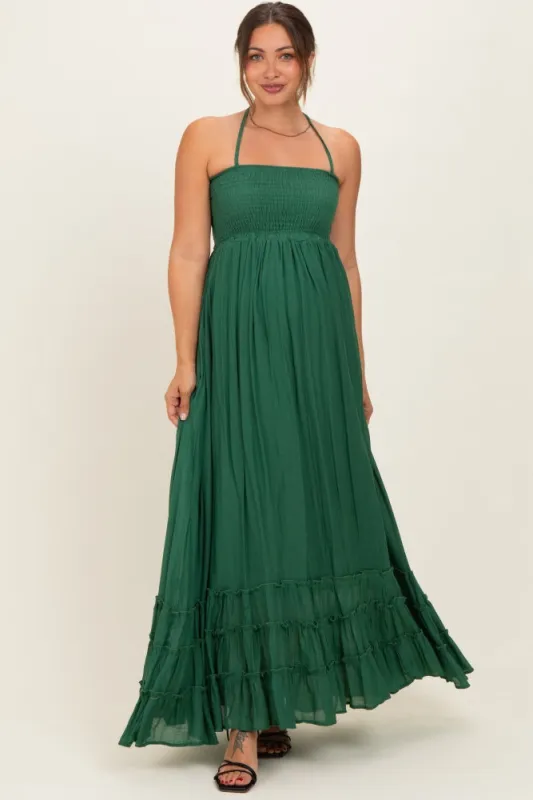 Hunter Green Smocked Halter Open Back Maternity Maxi Dress made by HYFVE