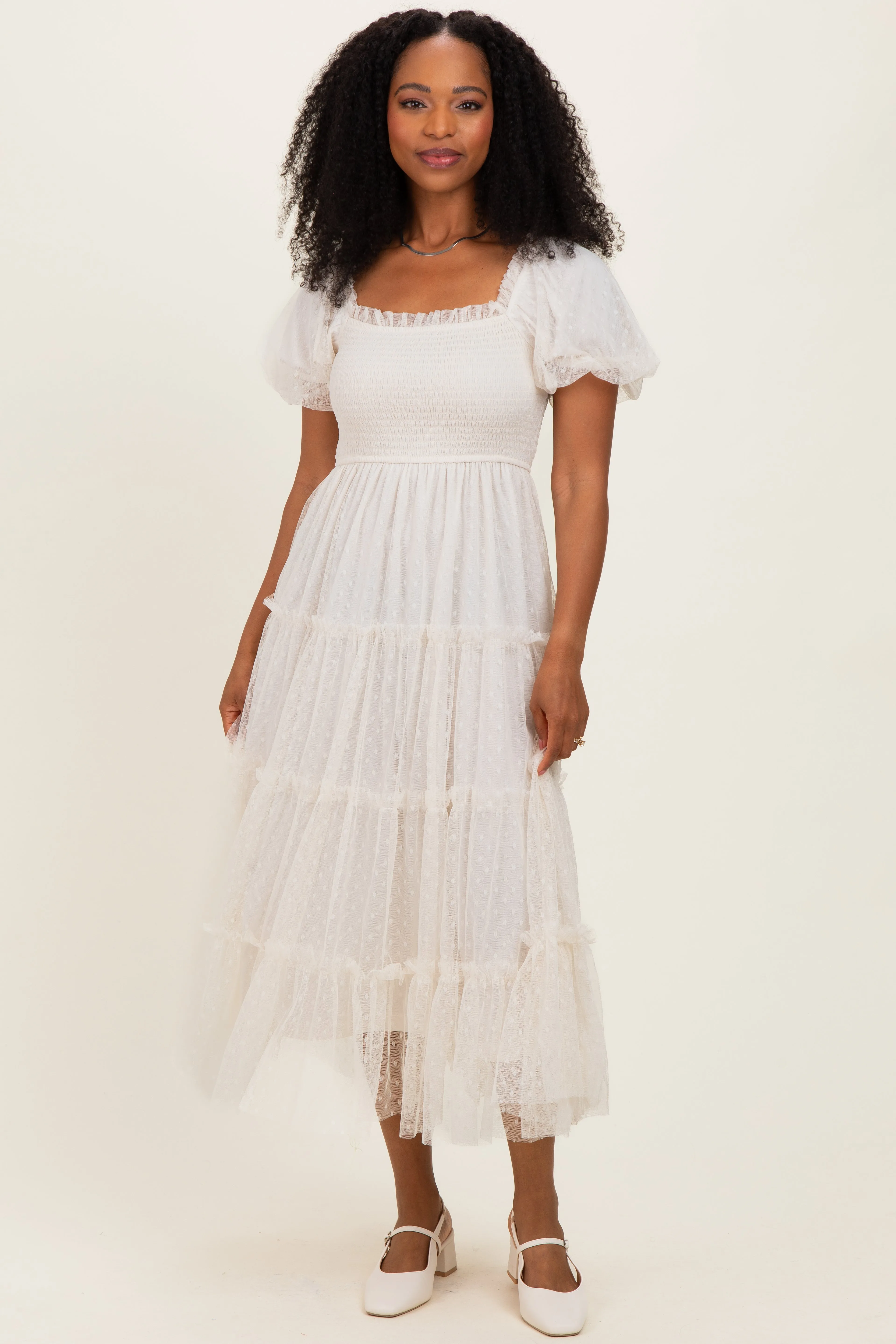 Cream Tulle Tulle Puff Sleeve Smocked Midi Dress sold by Pinkblush