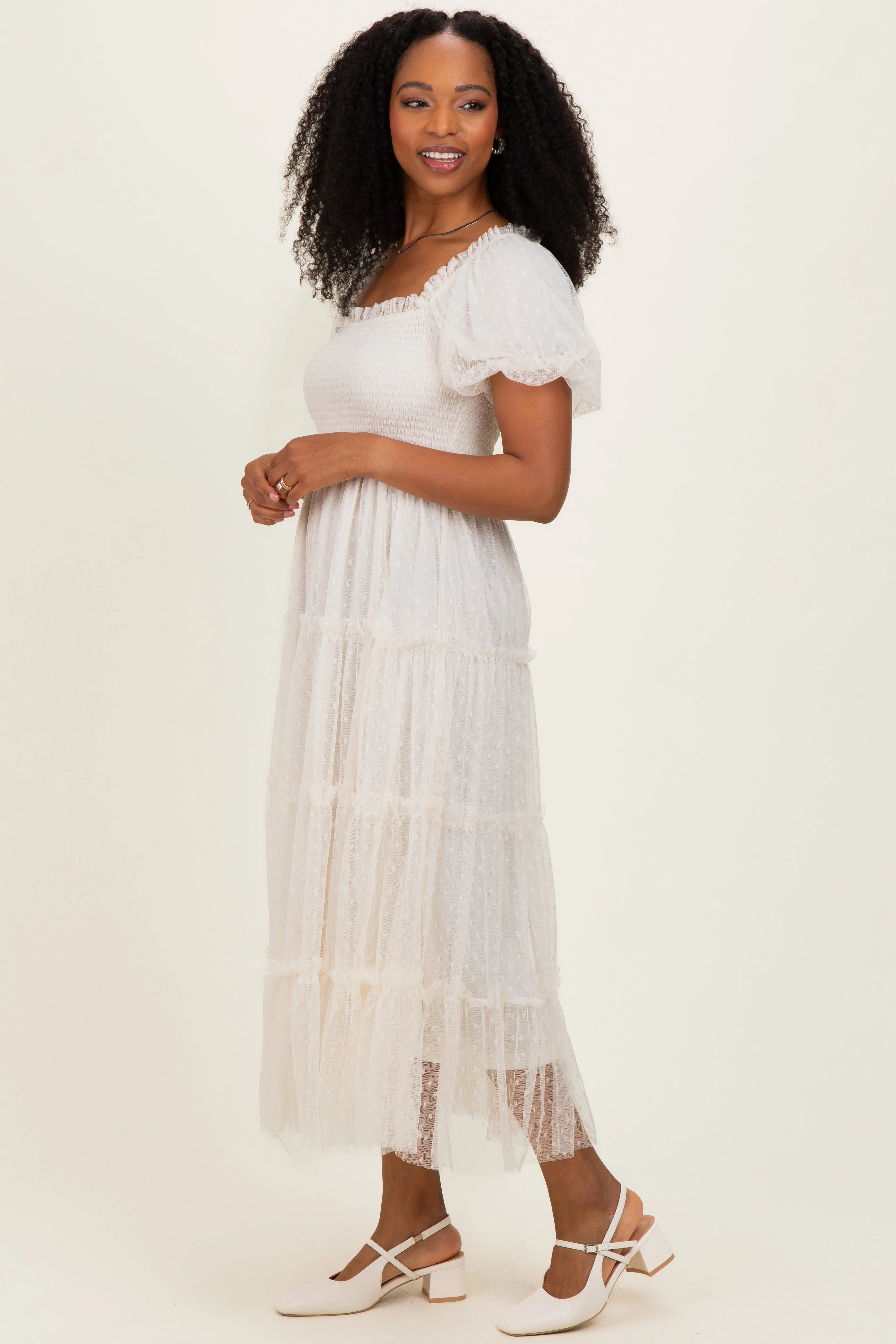 Cream Tulle Tulle Puff Sleeve Smocked Midi Dress sold by Pinkblush product image thumbnail 2