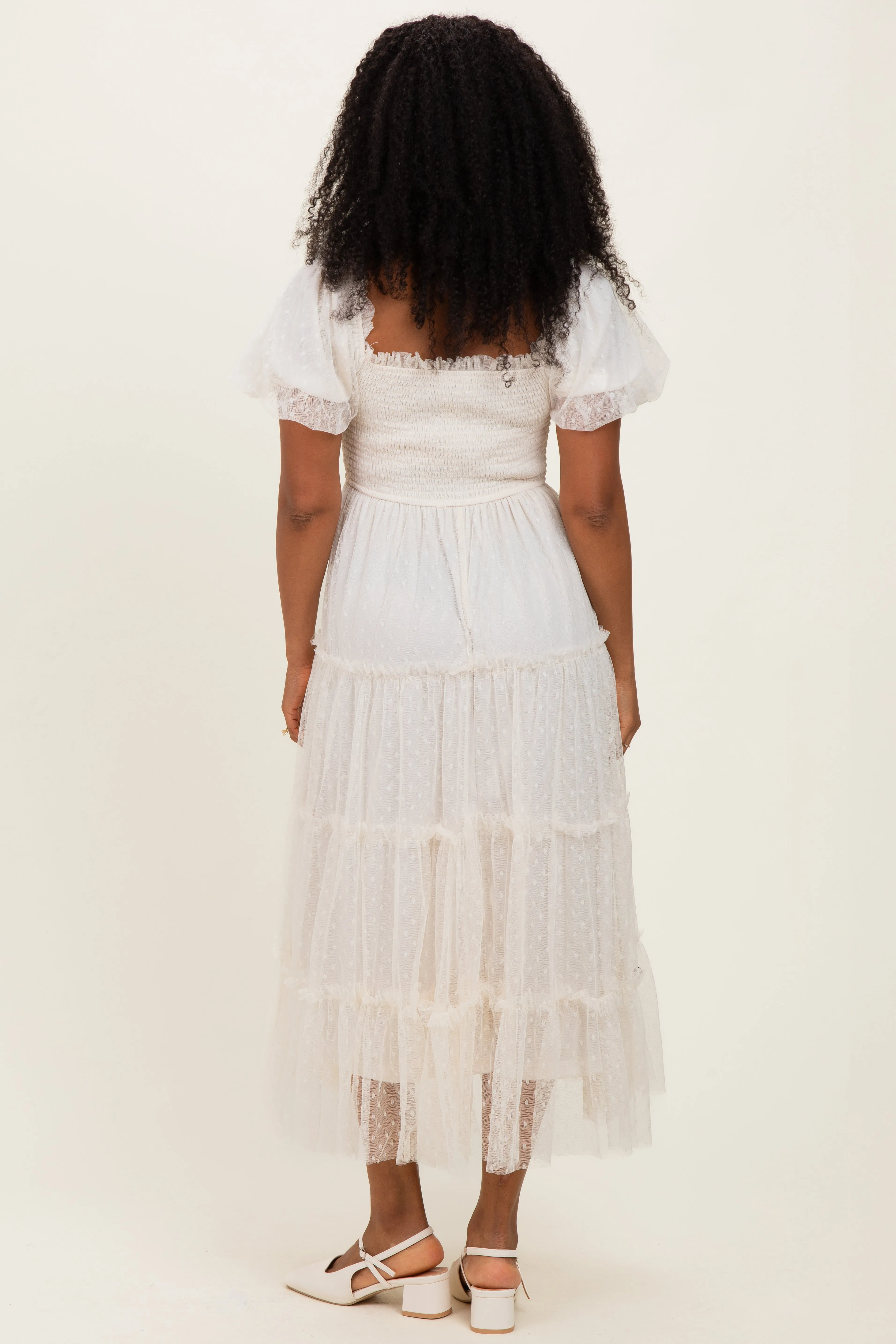 Cream Tulle Tulle Puff Sleeve Smocked Midi Dress sold by Pinkblush product image thumbnail 3