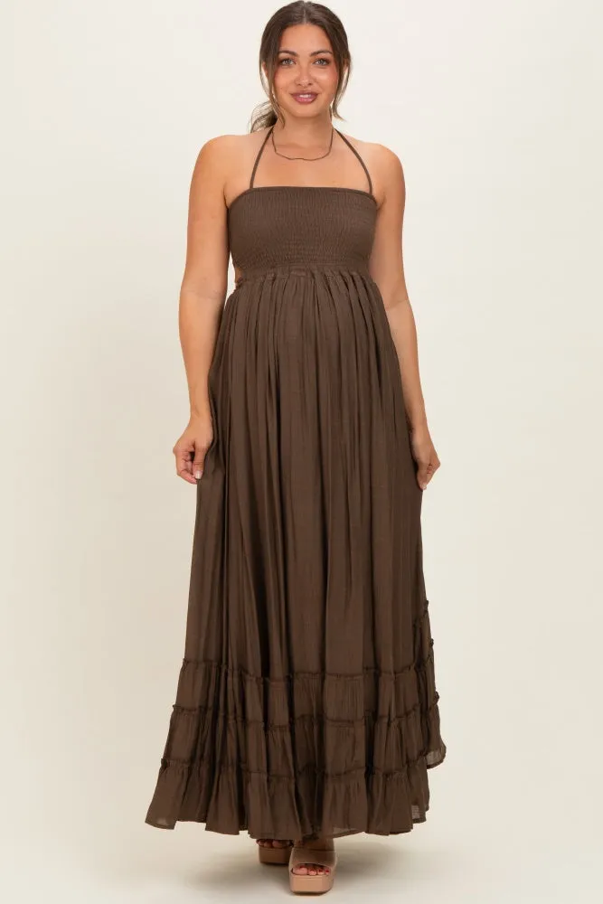 Chocolate Smocked Halter Open Back Maternity Maxi Dress sold by Pinkblush