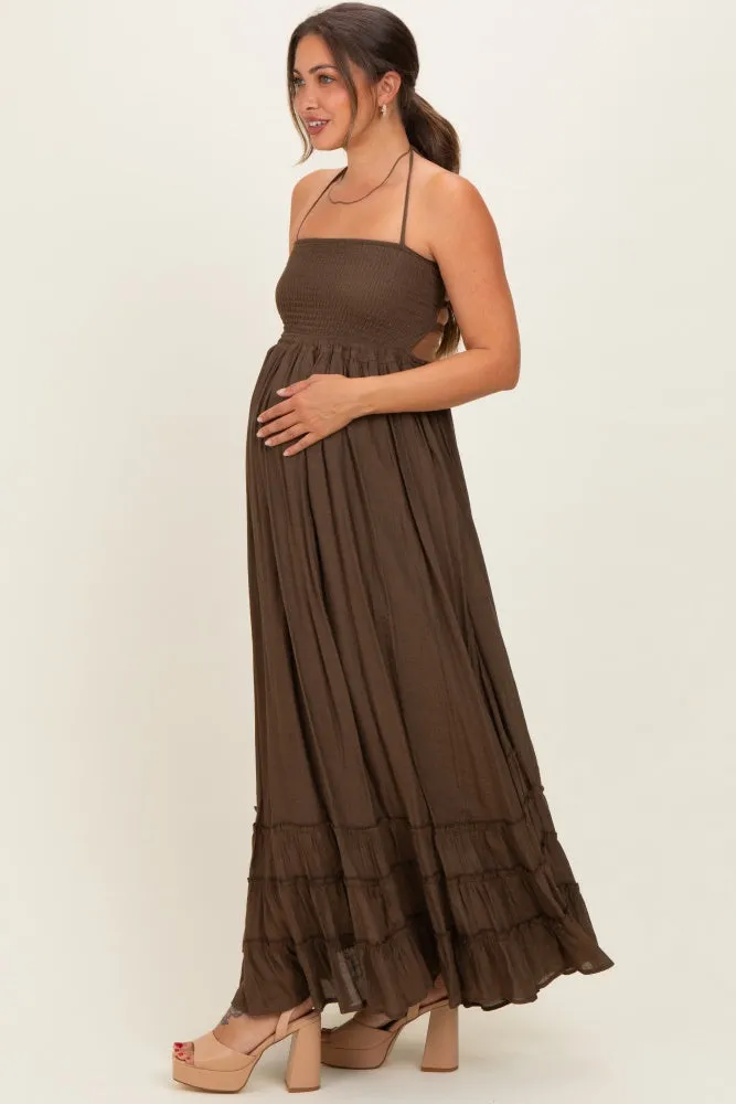 Chocolate Smocked Halter Open Back Maternity Maxi Dress sold by Pinkblush product image thumbnail 2