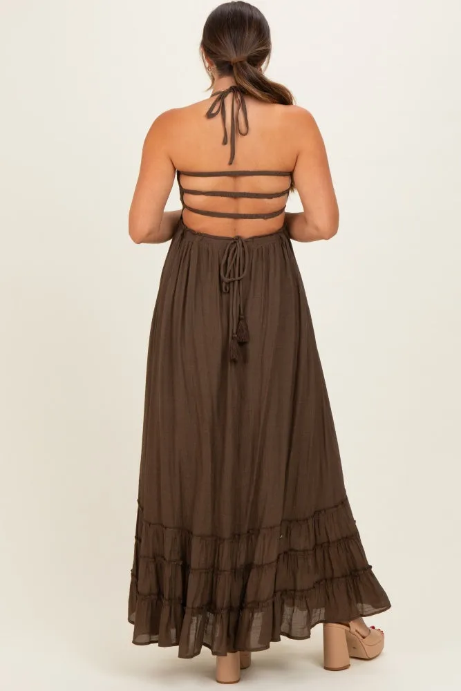 Chocolate Smocked Halter Open Back Maternity Maxi Dress sold by Pinkblush product image thumbnail 3