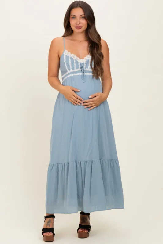 Blue Lace Accent Maternity Maxi Dress made by Inloom