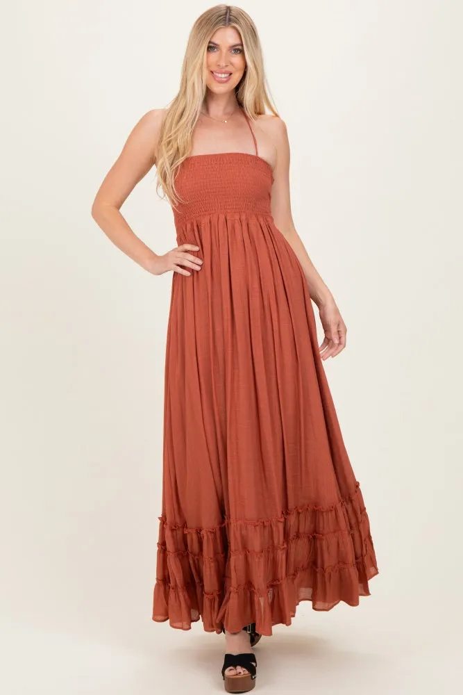 Rust Smocked Halter Open Back Maternity Maxi Dress sold by Pinkblush product image thumbnail 4