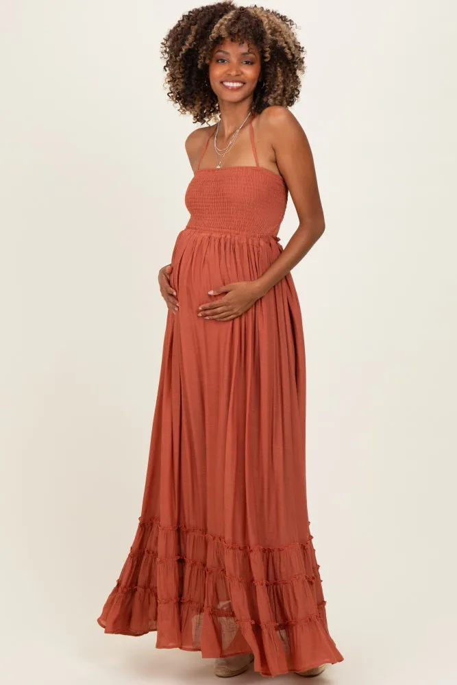 Rust Smocked Halter Open Back Maternity Maxi Dress sold by Pinkblush