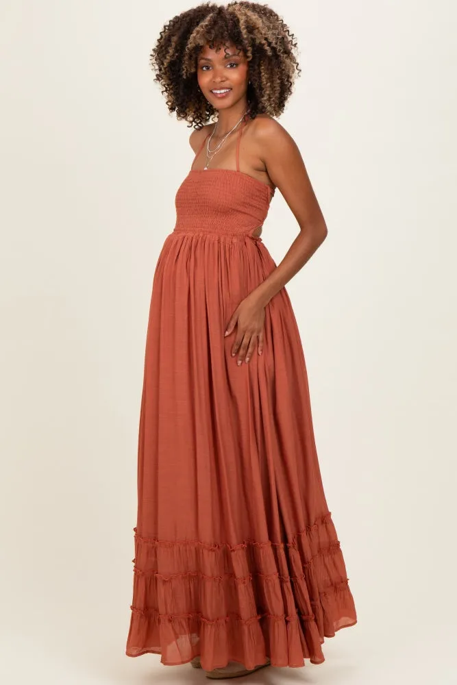 Rust Smocked Halter Open Back Maternity Maxi Dress sold by Pinkblush product image thumbnail 2