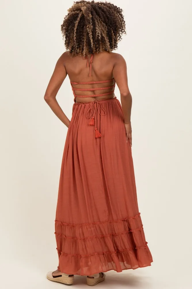 Rust Smocked Halter Open Back Maternity Maxi Dress sold by Pinkblush product image thumbnail 3