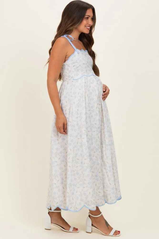 Blue Floral Scallop Hem Shoulder Tie Maternity Midi Dress sold by Pinkblush product image thumbnail 2