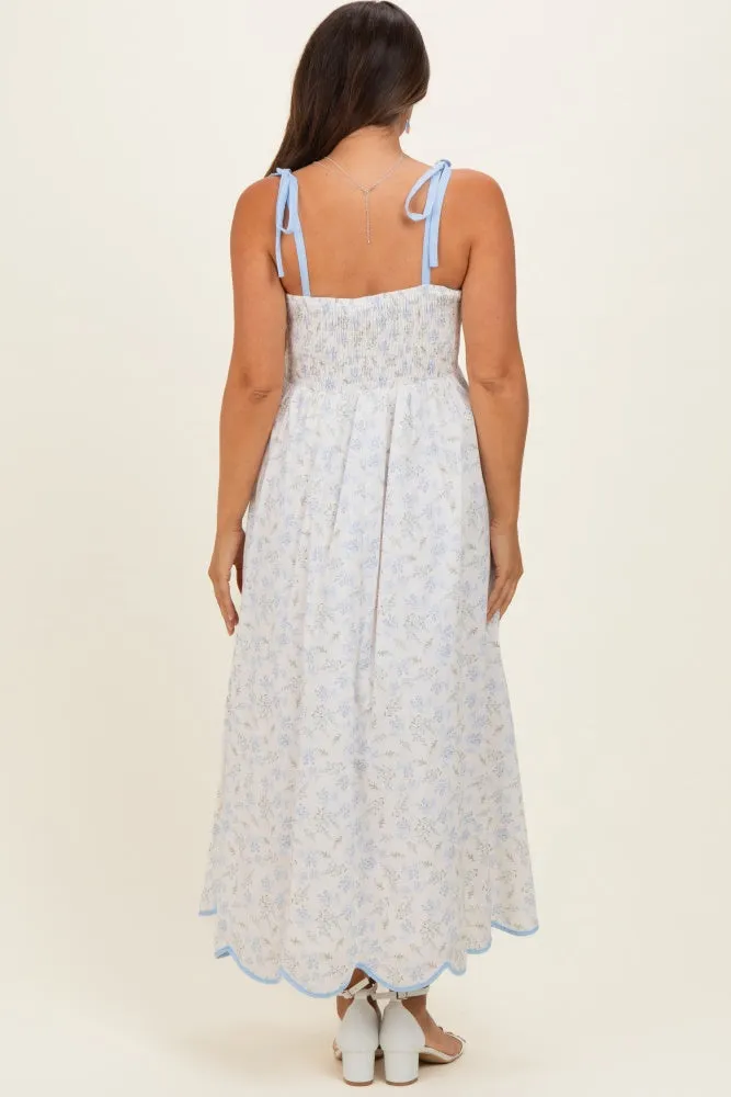 Blue Floral Scallop Hem Shoulder Tie Maternity Midi Dress sold by Pinkblush product image thumbnail 3