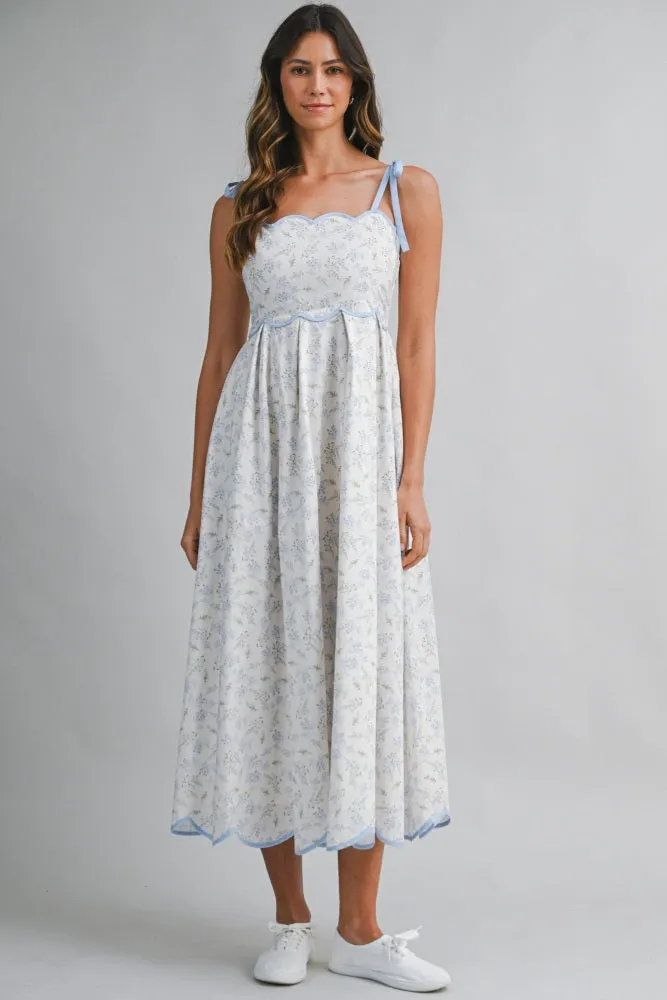 Blue Floral Scallop Hem Shoulder Tie Maternity Midi Dress sold by Pinkblush product image thumbnail 4