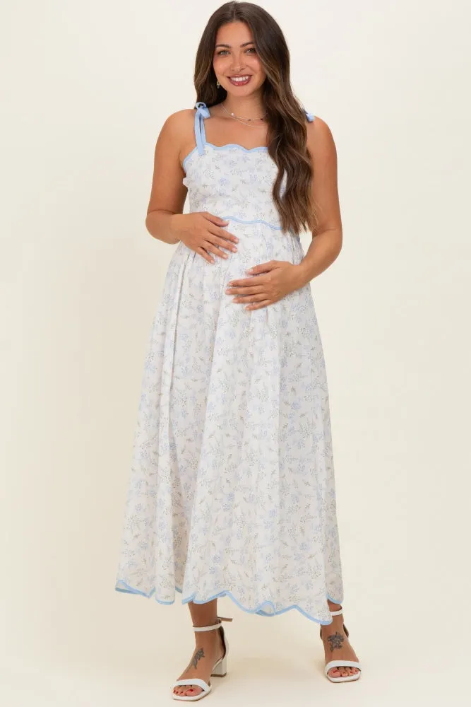 Blue Floral Scallop Hem Shoulder Tie Maternity Midi Dress sold by Pinkblush