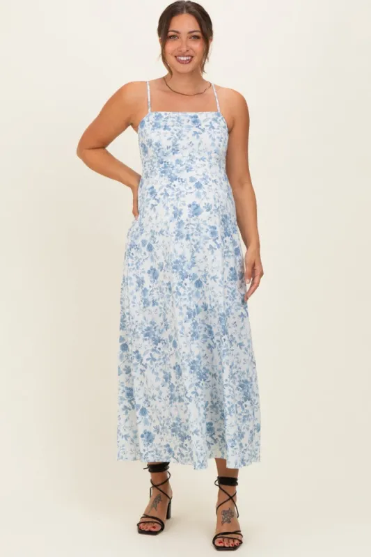 Light Blue Floral Sleeveless Maternity Midi Dress made by Blu Pepper